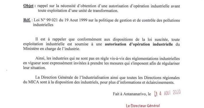 SECTEUR PRIVE – Les industriels sans autorisation d’opération invités à régulariser leur situation
