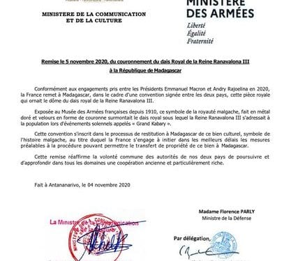 PATRIMOINE – La France s&rsquo;engage à initier dans les meilleurs délais la procédure de transfert de propriété du couronnement du dais royal à Madagascar