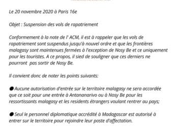 RAPATRIEMENT – L&rsquo;ambassade de Madagascar en France rappelle l&rsquo;interdiction faite aux Malgaches et aux résidents étrangers de revenir sur la Grande île
