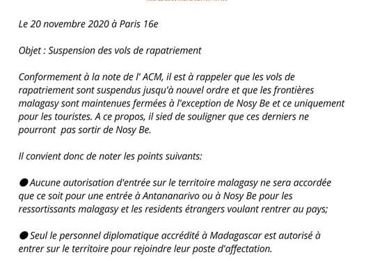 RAPATRIEMENT – L&rsquo;ambassade de Madagascar en France rappelle l&rsquo;interdiction faite aux Malgaches et aux résidents étrangers de revenir sur la Grande île