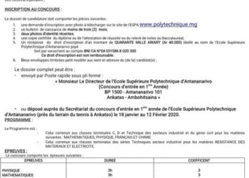 ETUDES SUPERIEURES – Le concours d’entrée à l’Ecole supérieure polytechnique d’Antananarivo fixé au 17 et 18 Février