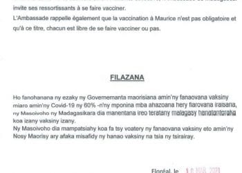 PANDEMIE – L’ambassade de Madagascar à Maurice encourage la diaspora malgache sur l’île à se faire vacciner