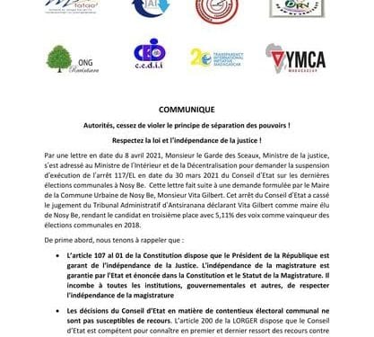 DECENTRALISATION – La société civile dénonce une ingérence de l’Exécutif dans les fonctions du pouvoir judiciaire avec la suspension de l’exécution d’une décision du Conseil d’Etat proclamant un autre vainqueur aux municipales à Nosy Be