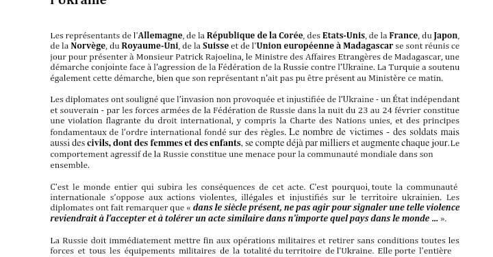 CONFLIT – L’Union européenne, la Corée, les Etats-Unis, la France, l’Allemagne, le Japon, la Norvège, le Royaume-Uni, la Suisse encouragent Madagascar à condamner publiquement l’agression de la Russie contre l’Ukraine.