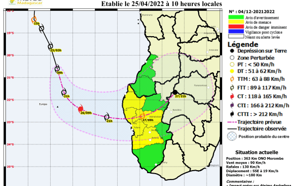 METEOROLOGIE – Alerte jaune à Morombe, Toliara, Sakaraha et Betioky, la tempête tropicale Jasmine s’intensifie et est prévue toucher terre dans la région d’Atsimo Andrefana mardi soir ou mercredi matin