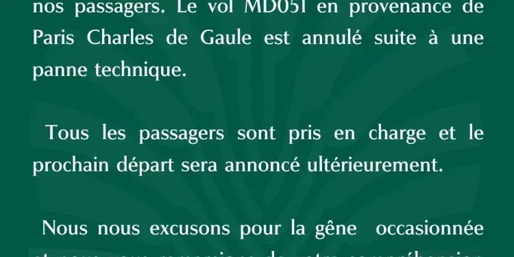 TRANSPORT AERIEN – Madagascar Airlines annonce une panne technique sur le vol MD 051 de ce lundi soir